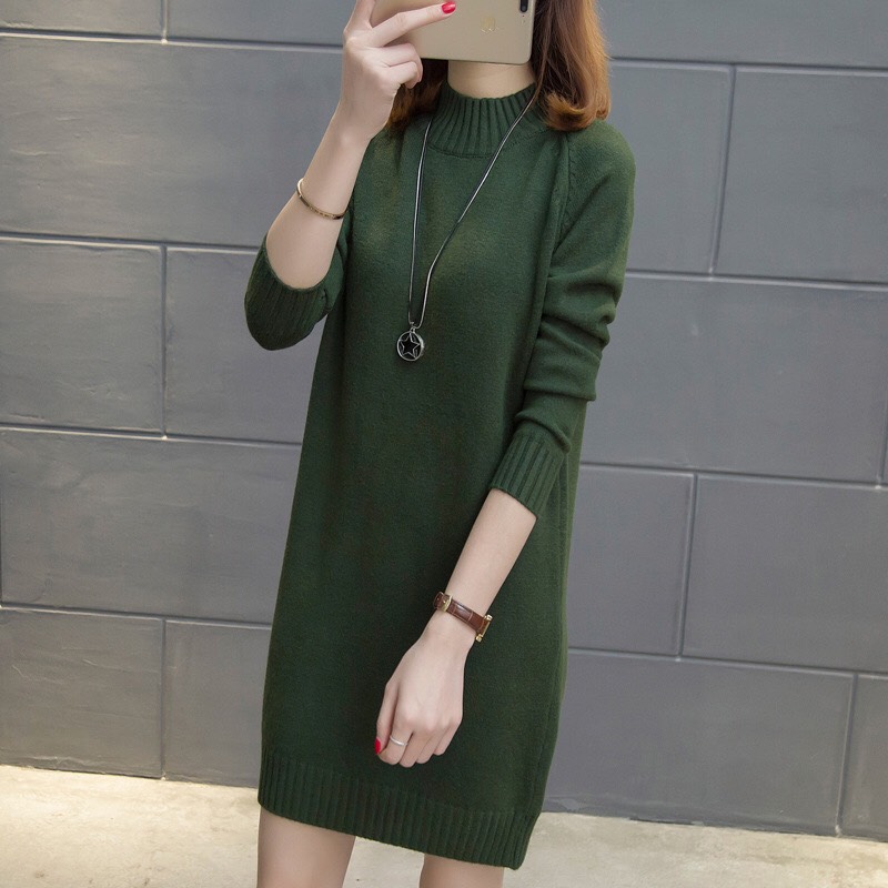 Áo len dáng dài- đầm len suông cổ cao