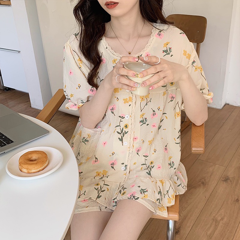 Bộ đồ ngủ mặc nhà cộc tay tròn ren hot 2023