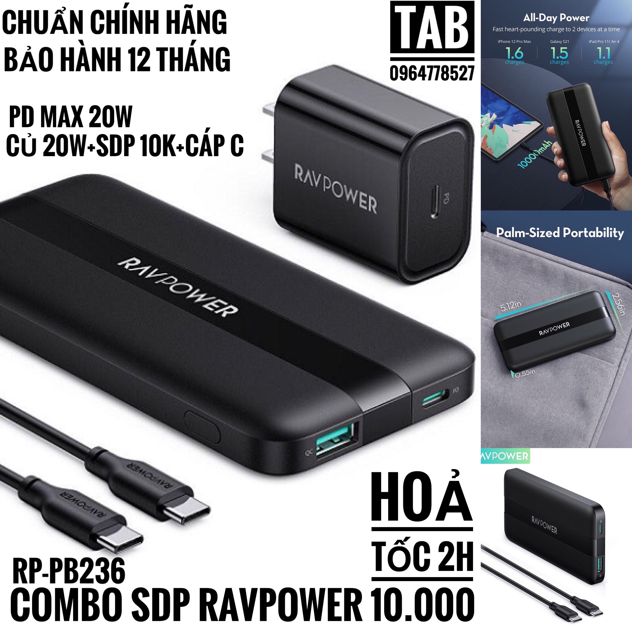 Combo sạc dự phòng ravpower 10.000 + củ sạc 20w + cáp c to c rp-pb236 - bảo hành 12 tháng