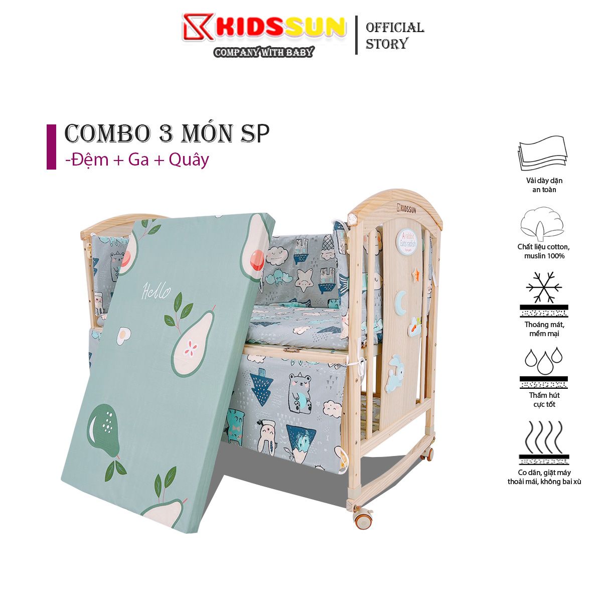 Combo 3 món đệm/nệm cũi bông ép + đệm quây 4 tấm xung quanh + ga cotton bọc nệm cũi cho bé kidssun