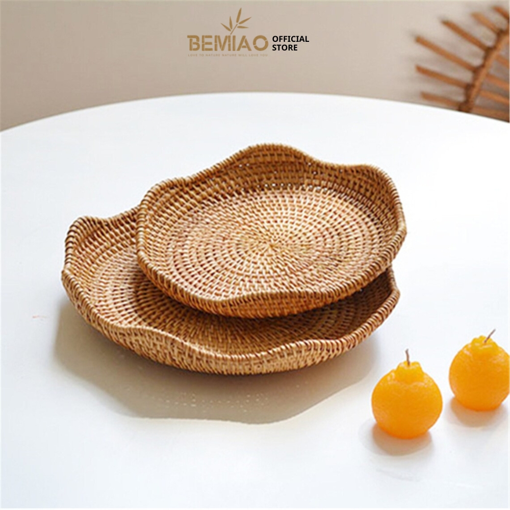 Đĩa mây đan lượn sóng Khay mây trang trí Khay trà Đựng bánh mì, hoa quả, trà bánh Bemiao