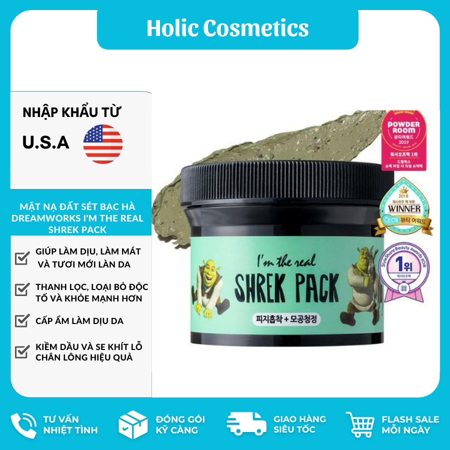  Mặt nạ đất sét tươi và bạc hà I'm The Real Shrek Pack xuất xứ Hàn Quốc 110gr làm sạch sâu lỗ chân lông cải thiện dầu mụn 