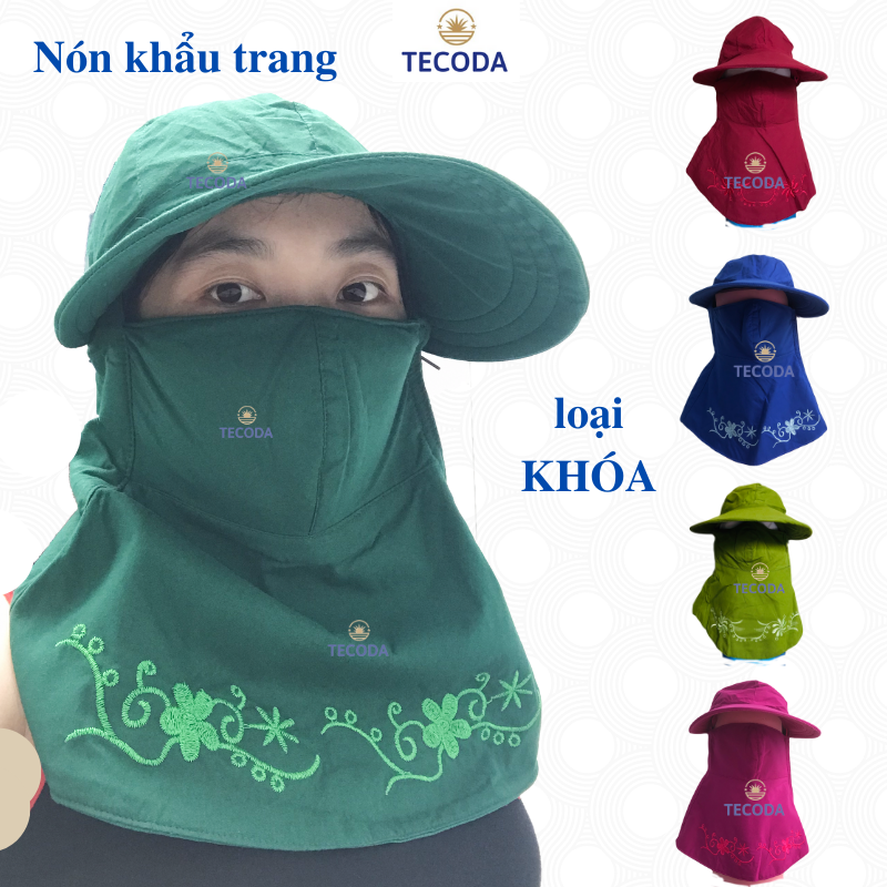 Nón rộng vành khẩu trang chống nắng màu thêu che kín mặt, chống tia uv loại khóa