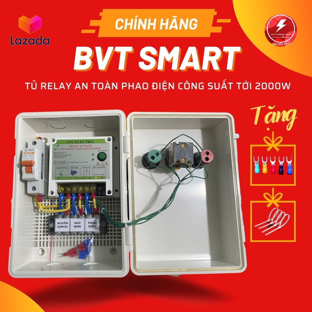 Tủ điện relay an toàn phao điện BVT Smart công suất tới 2000W, hệ thống tủ điện bơm nước tự động đấu nối sẵn, kết hợp với rơ le an toàn cho phao điện