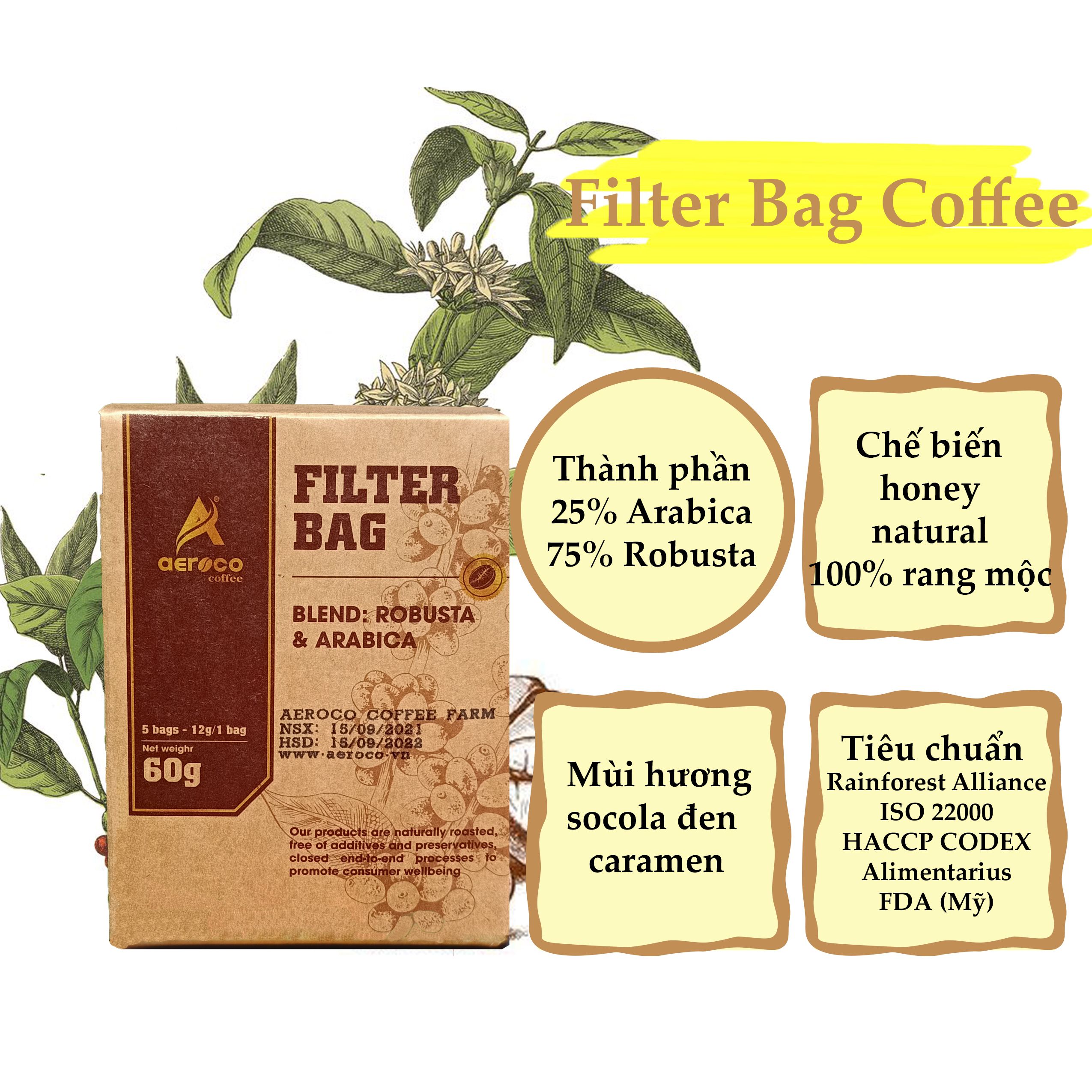 Cafe nguyên chất cà phê túi lọc AEROCO COFFEE cà phê nguyên chất 100% gói