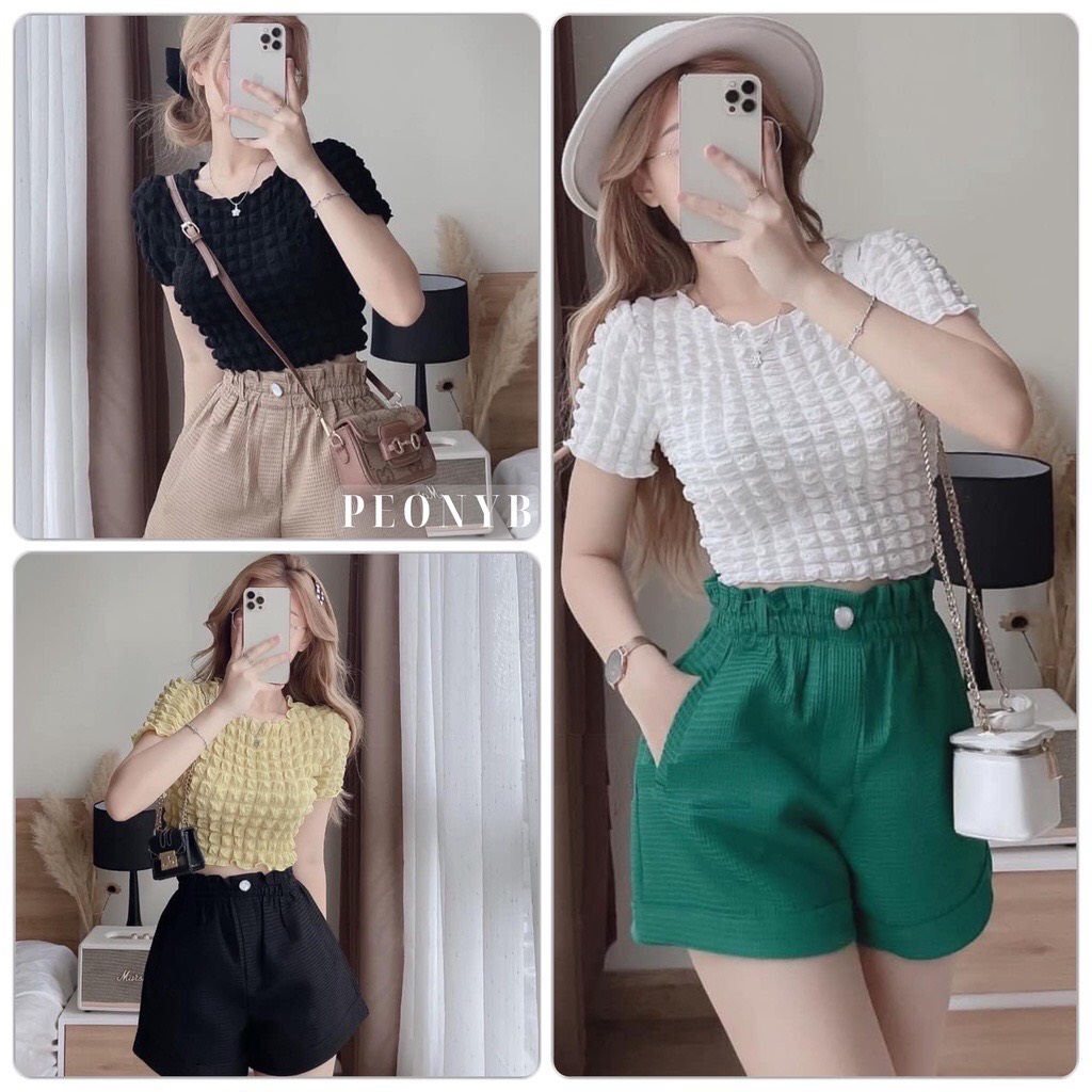 Áo Xốp Nhăn Croptop Cổ Tròn Ôm Body Siêu Đẹp