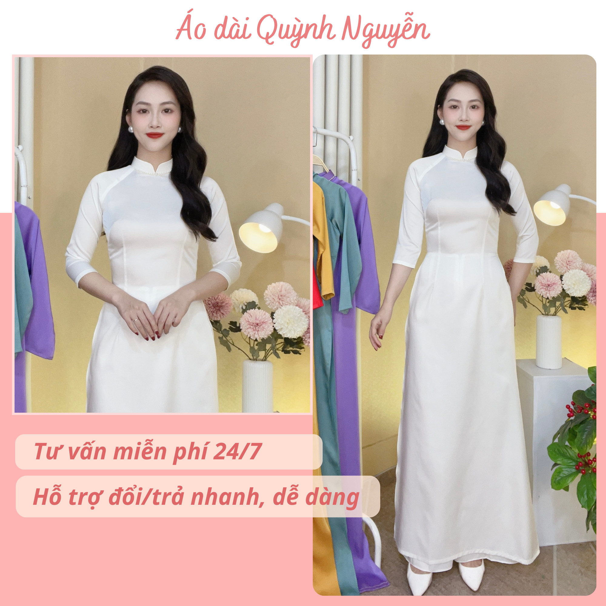 Áo dài trắng, áo dài cách tân lụa ngọc trai cao mềm mịn MÃ T1 TRẮNG
