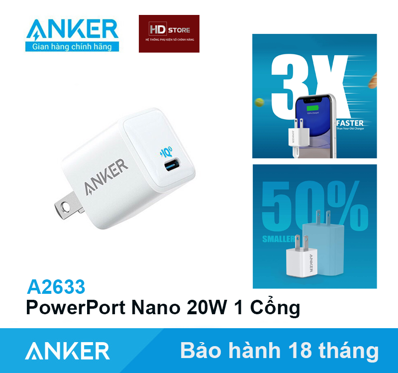Củ sạc nhanh 20w anker powerport nano iii - a2633 sạc nhanh 20w iphone 1 cổng type c
