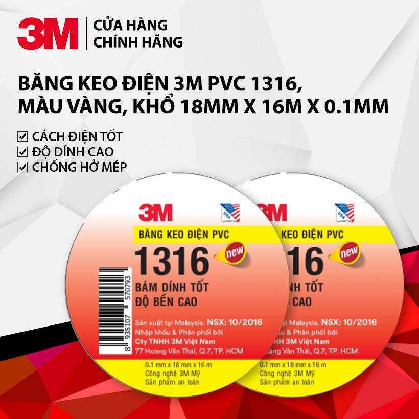 [Combo 2 Cuộn] Băng keo điện 3M PVC 1316, màu vàng, khổ 18mm x 16m x 0.1mm