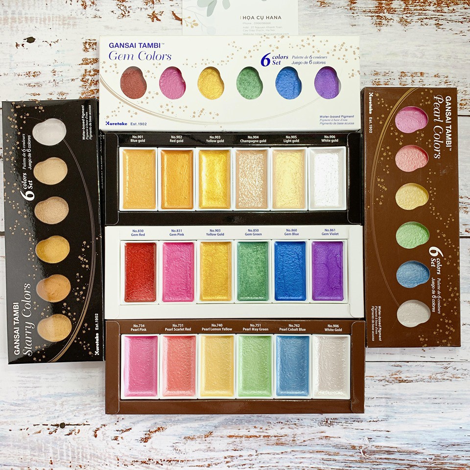 Màu nước nhũ 6 màu Kuretake Gansai Tampi Starry - Pearl - Gem colors