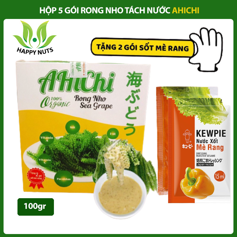 [Tặng sốt mè] Rong nho tách nước kèm nước sốt mè rang Khánh Hòa Ahichi hộp 5 gói 100g - Happy nuts