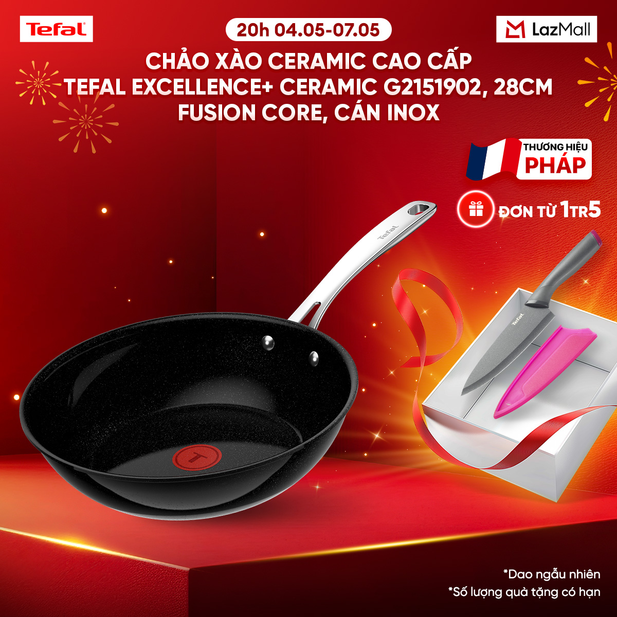 Chảo xào ceramic cao cấp Tefal EXCELLENCE+ CERAMIC G2151902, 28cm, Fusion Core, cán inox