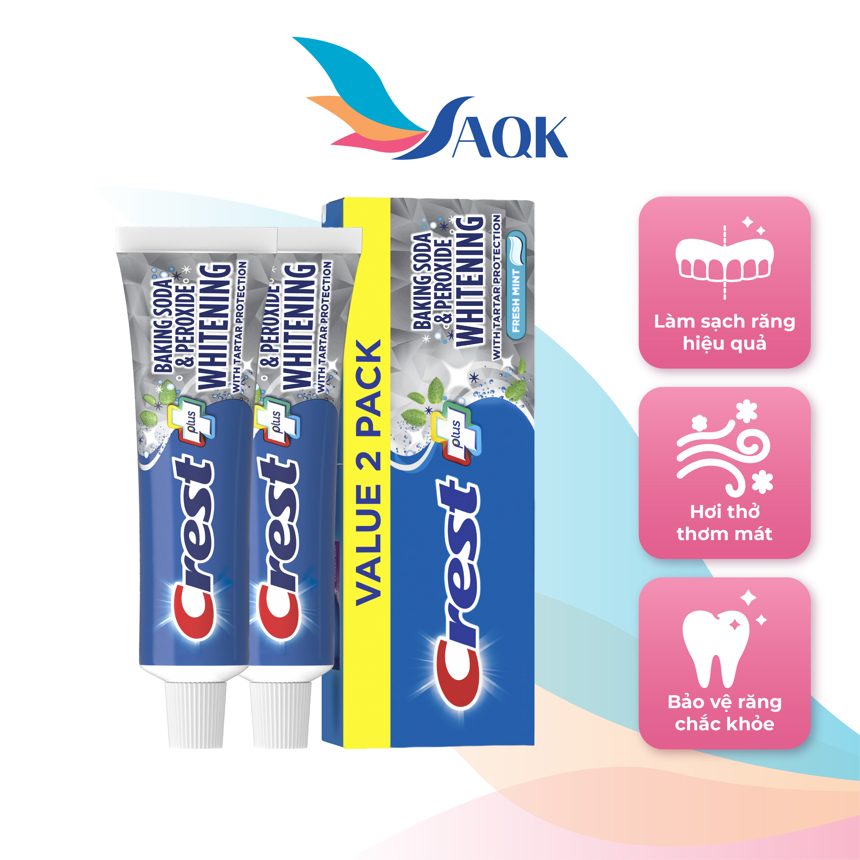 Combo kem đánh răng Crest Plus Baking Soda Peroxide Whitening (161g x 2) - Hỗ trợ làm trắng và mang lại hơi thở thơm mát