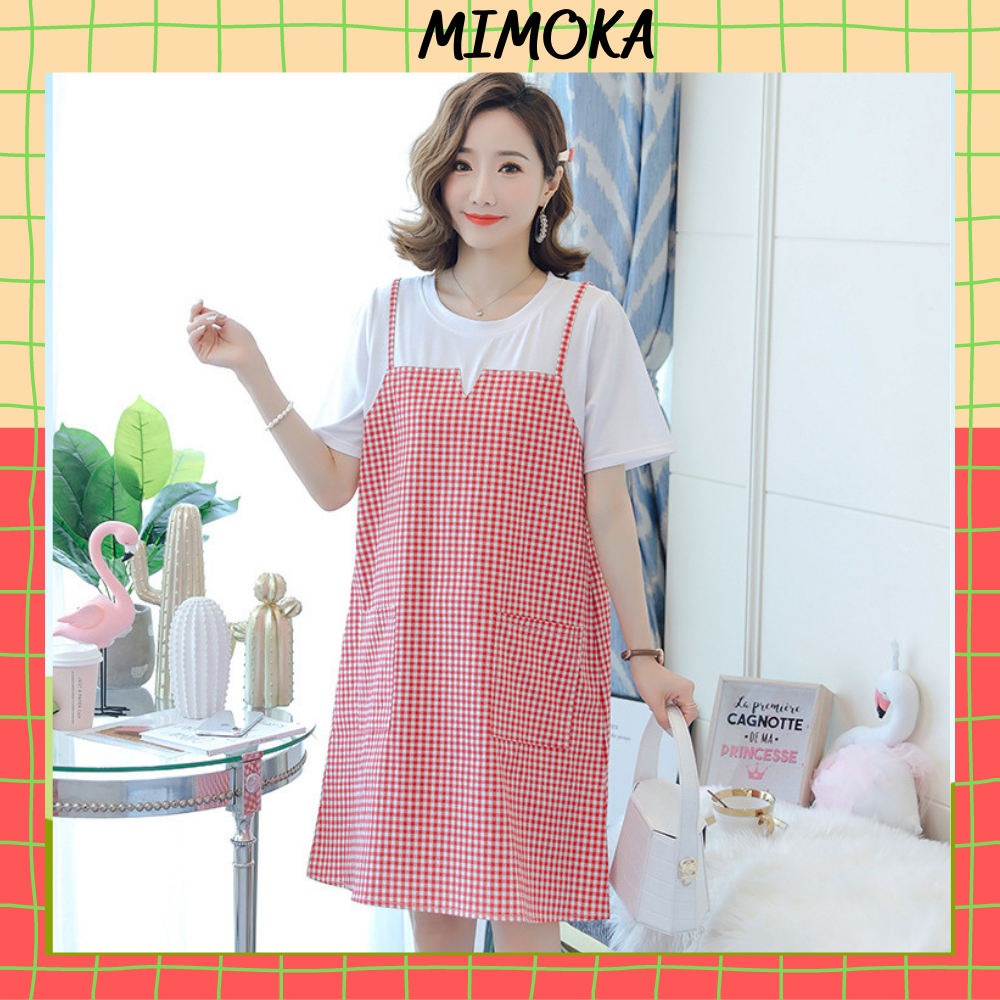 Đầm bầu thiết kế Mimoka MM16 váy bầu dáng suông cao cấp hai dây kẻ caro kết hợp túi, váy bầu đẹp giá rẻ, đầm bầu dễ thương cho mẹ trẻ