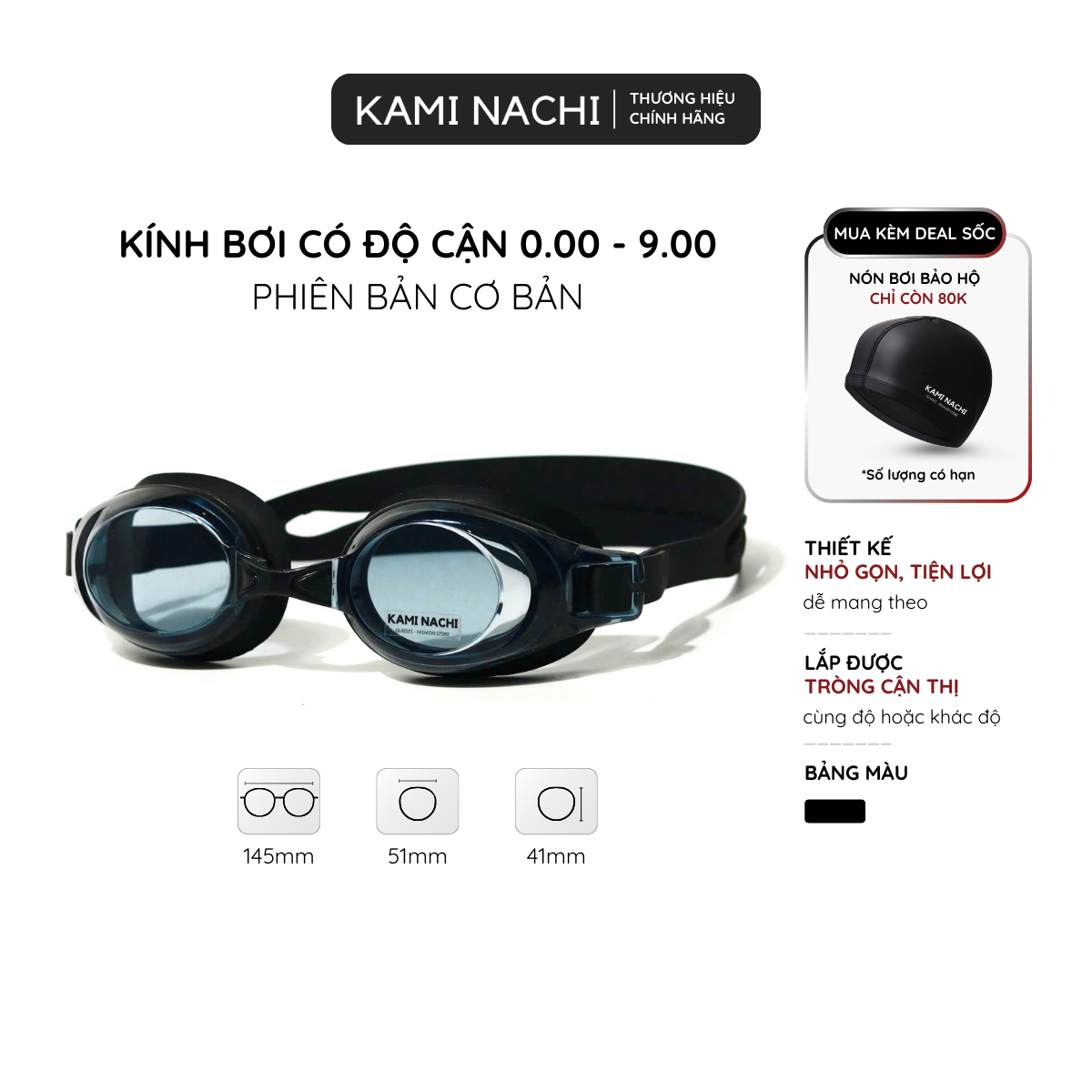  Kính bơi cận cho người lớn nam nữ có độ từ 1.5 độ đến 9.0 độ chính hãng KAMI NACHI - Mắt kính bơi cận thị chống bám hơi 