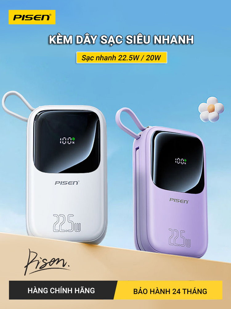 Sạc dự phòng tích hợp dây sạc PISEN QUICK Power Link , Hạt đậu năng lượng, 22.5W 20W 20000mAh 10000mAh cáp Lightning cáp Type-C , sạc nhanh An toàn, hạn chế chai pin ...- Chính hãng,