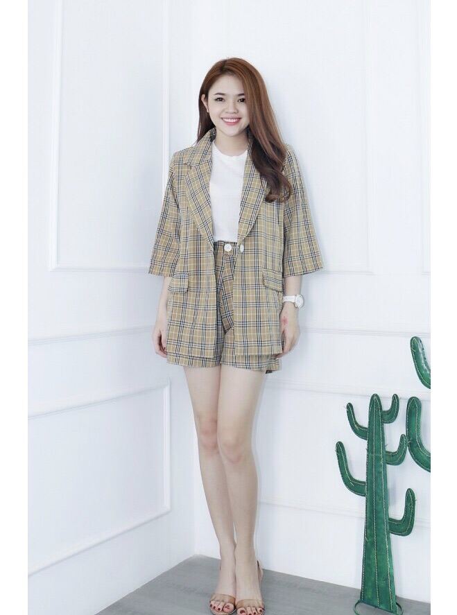 [HCM]Set áo khoác vest blazer nữ kẻ ô và quần sooc