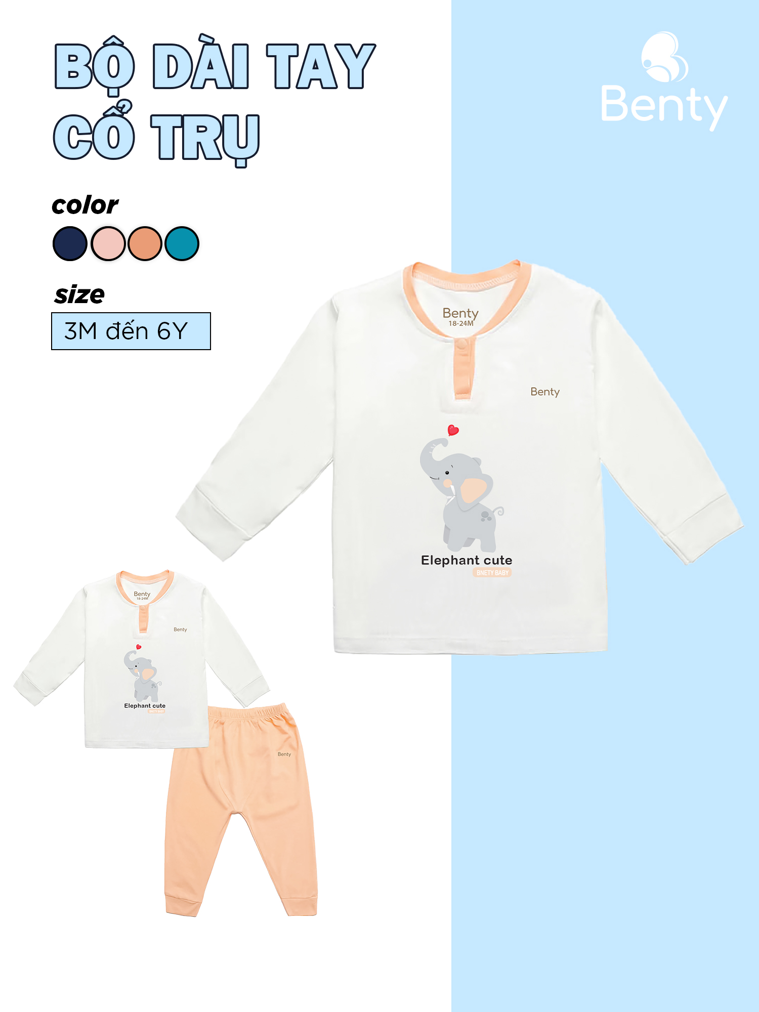  Bộ dài tay cổ trụ in hình voi BENTY BT021 chất mềm mịn mát đồ bộ mặc đi chơi cho bé trai bé gái 