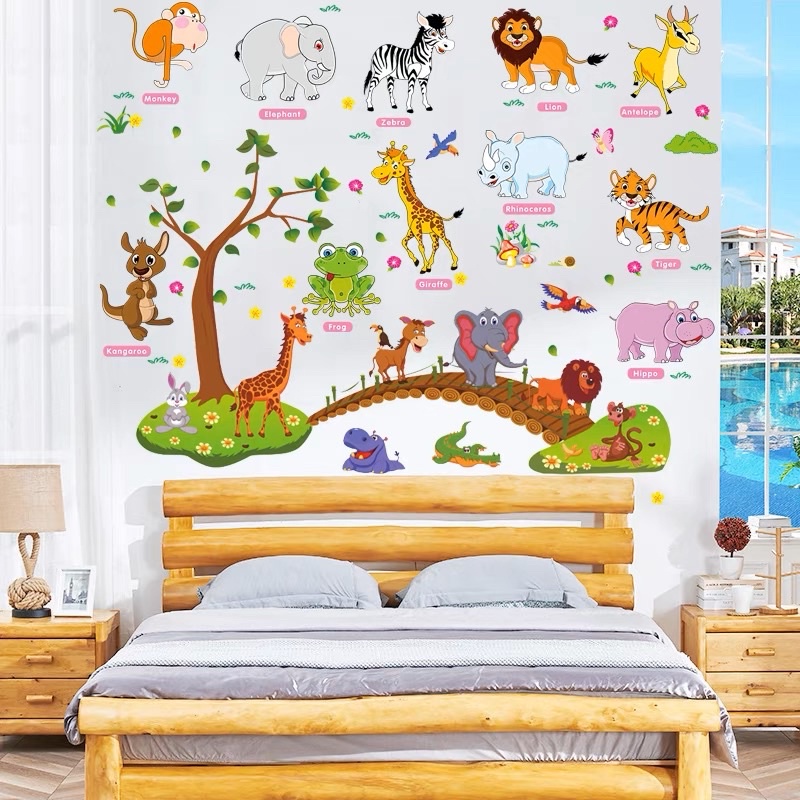 Decal dán tường cho bé thú qua cầu và thú tiếng anh