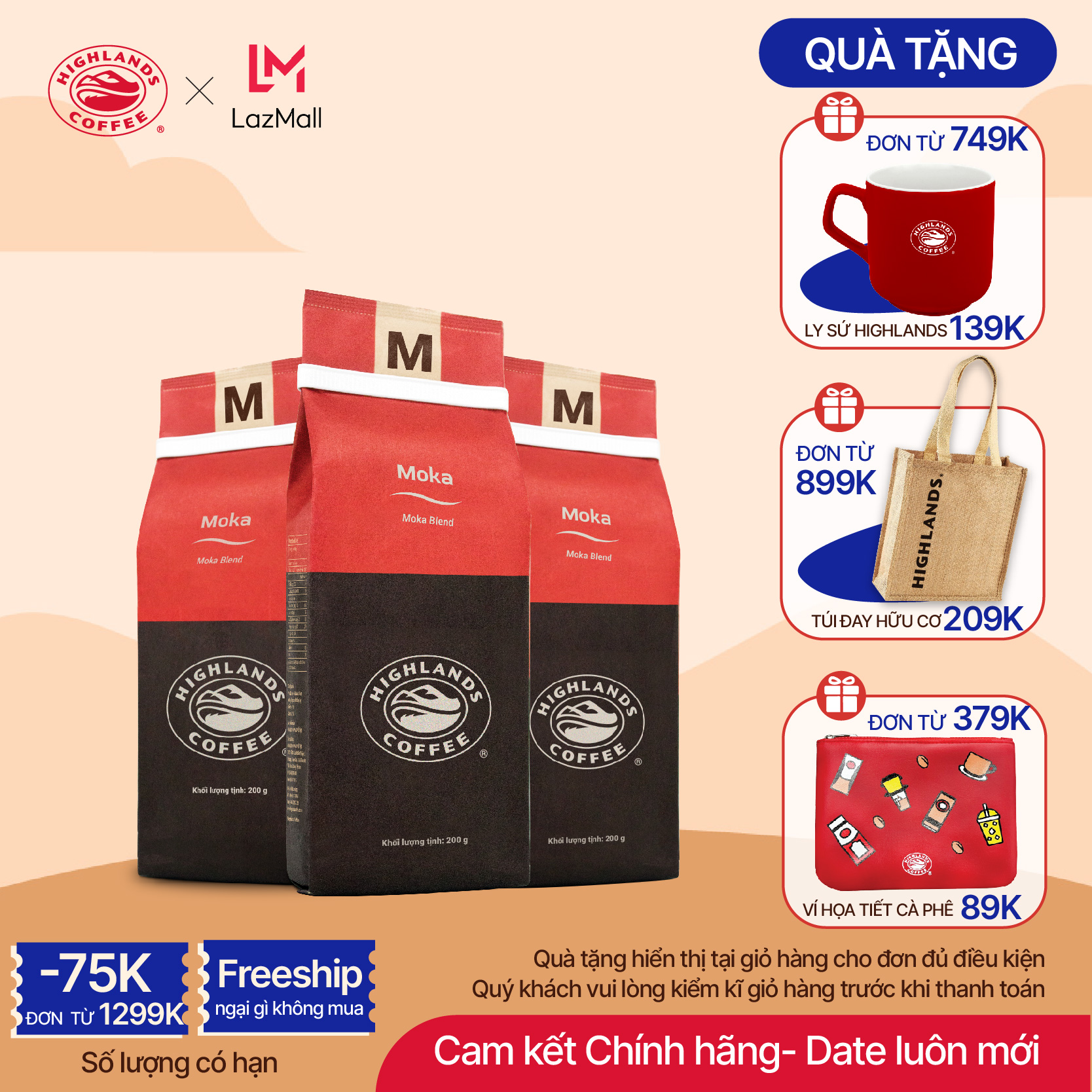 Combo 3 Cà phê rang xay Moka Highlands Coffee 200g