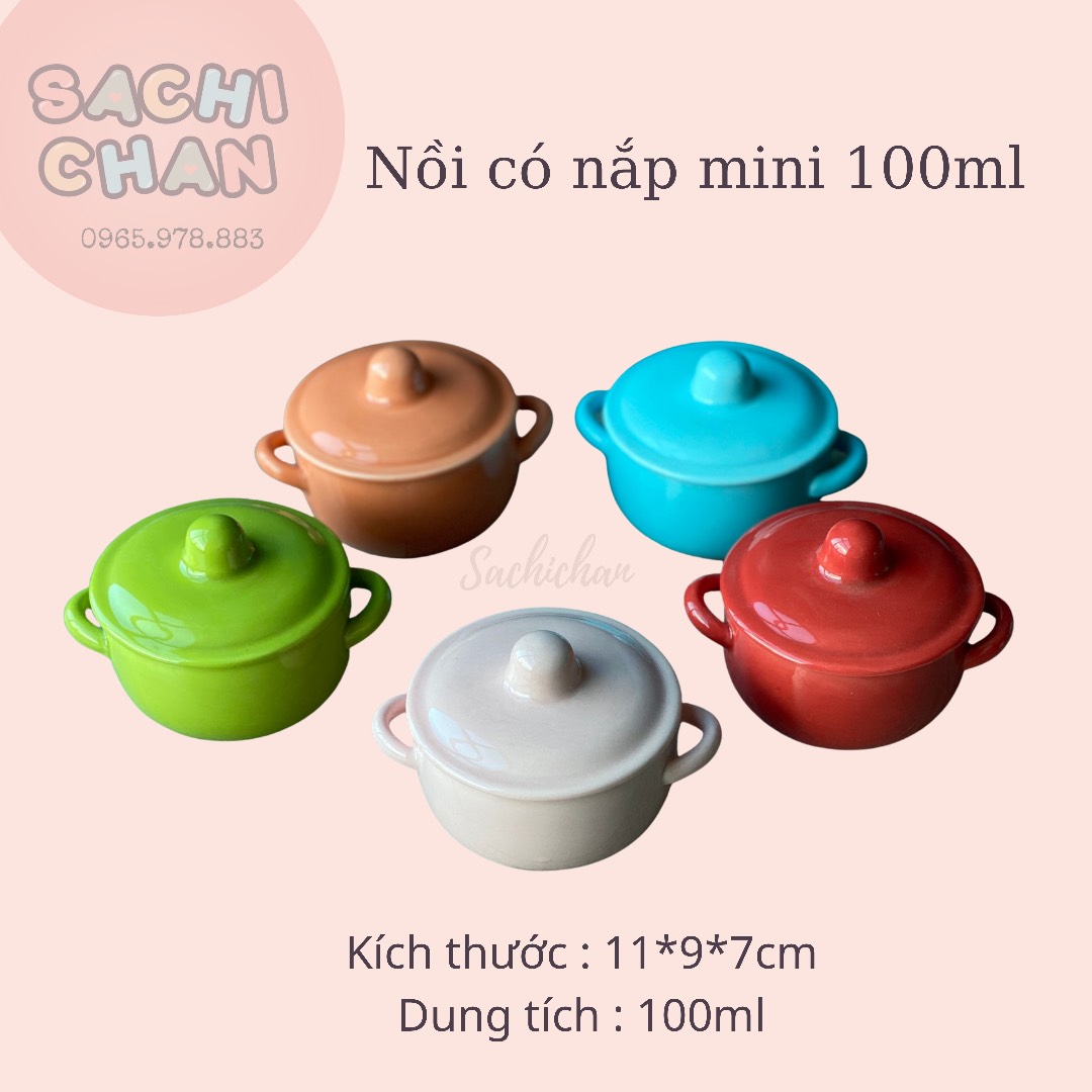 Chén bát ăn dặm hình dạng nồi 2 quai có nắp mini 100ml[FREESHIP]-sứ cao cấp- an toàn- có video mô tả
