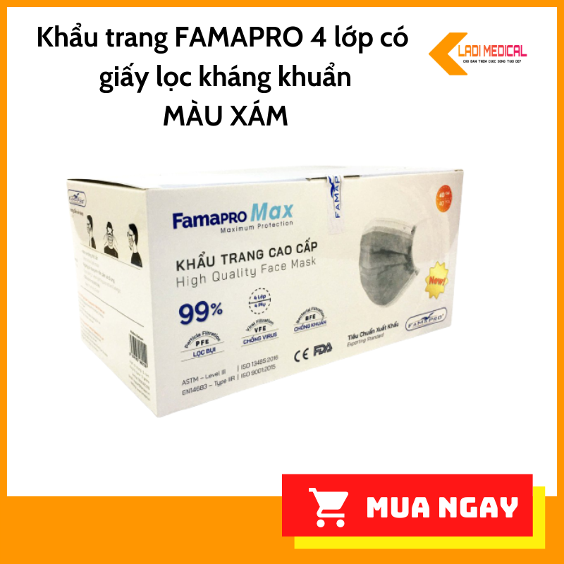 Khẩu trang Famapro Max 4 lớp màu xám hộp 40 cái