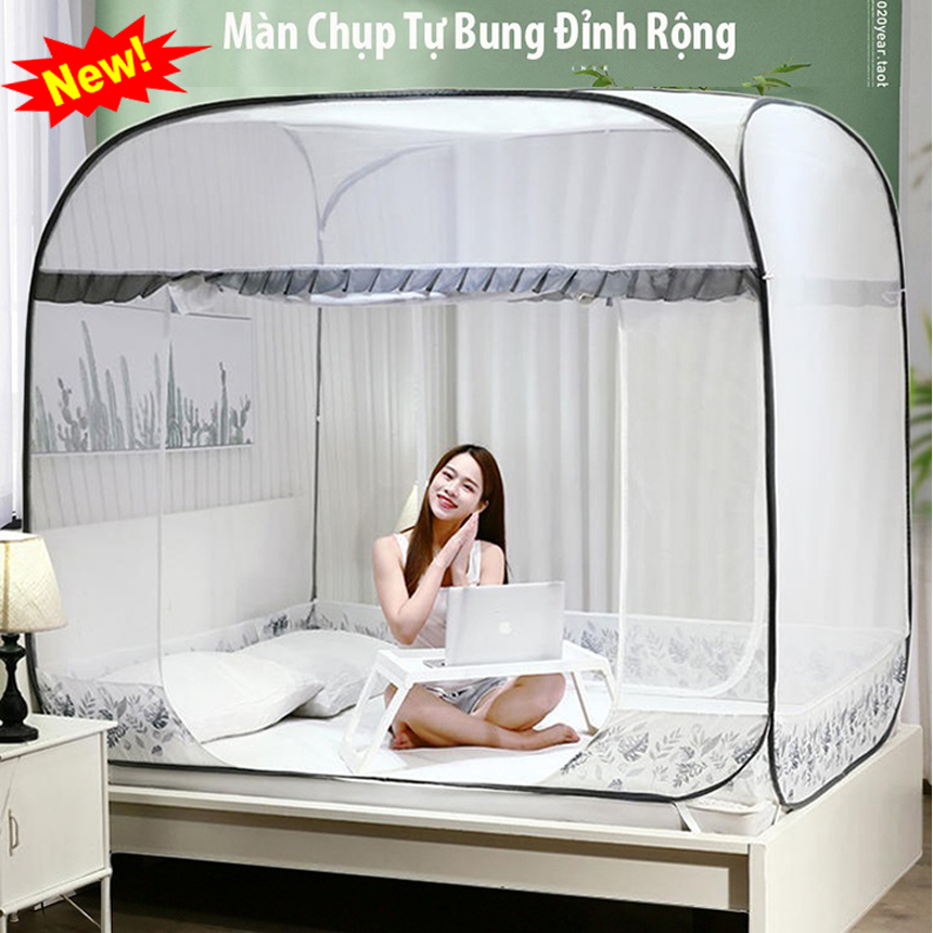(Mẫu Mới 2023) Mùng Chụp. Màn Chụp Tự Bung Đỉnh Rộng Nóc Vuông Khung Xếp Cao Cấp Màn Chống Muỗi Thôn