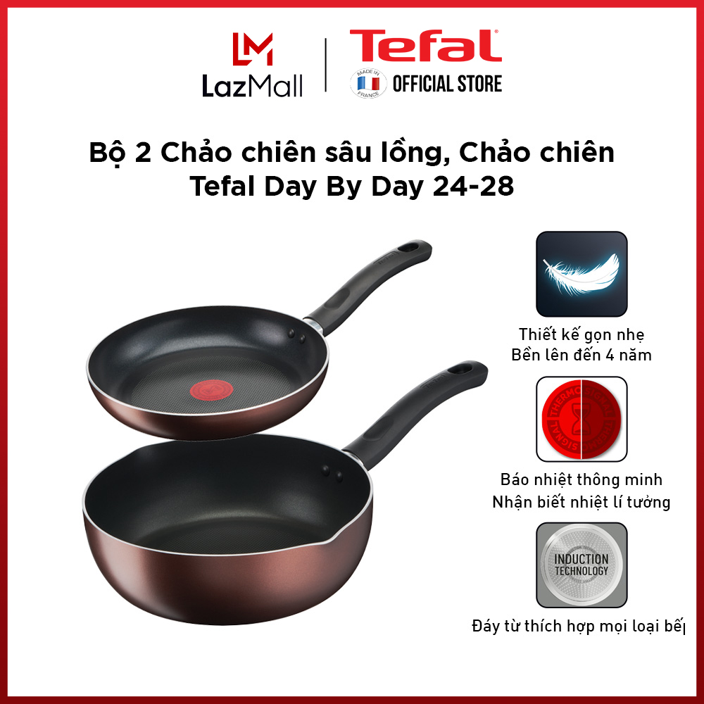 Bộ 2 chảo chống dính đáy từ Tefal Day by Day dùng cho mọi loại bếp (28cm, 24cm) - Gian hàng chính hãng bảo hành 2 năm-BO2DBD3