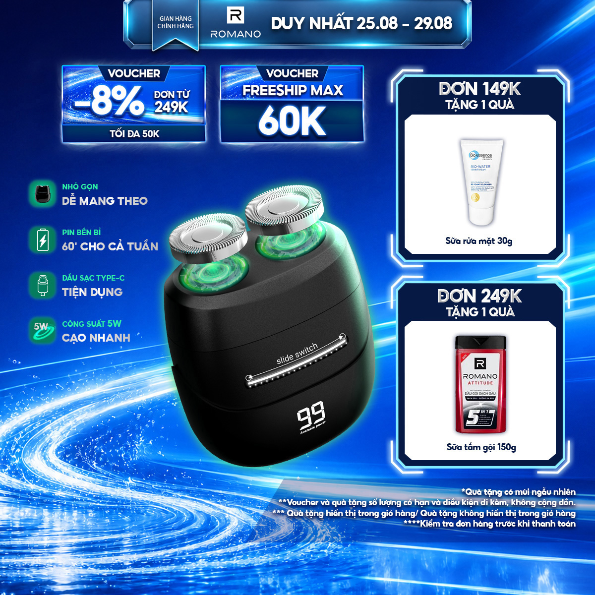 Máy cạo râu Romano lưỡi cắt từ tính, công suất mạnh mẽ 5W, chống nước IPX6 - Lịch lãm trong 1 phút