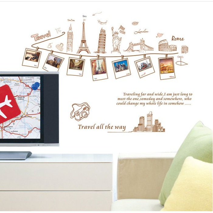 Decal trang trí tường kèm khung ảnh 3D phong cách du lịch vòng quanh thế giới - decal dán tường đẹp AmyShop