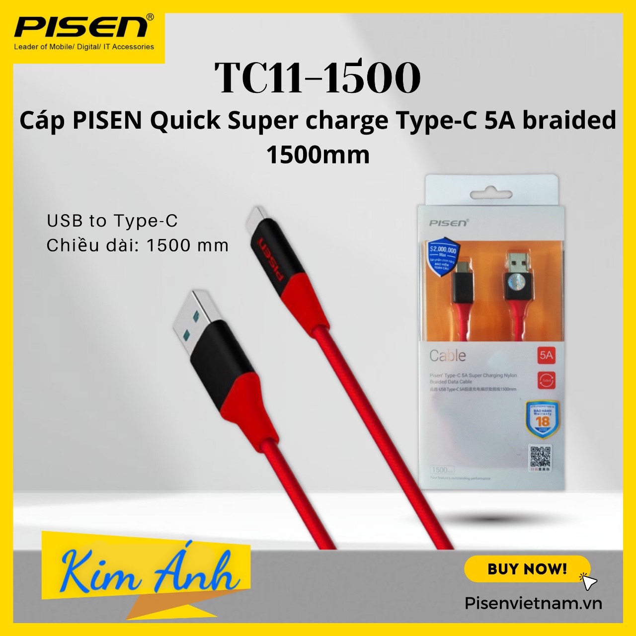 Dây sạc nhanh Pisen quick super charge Type-c 5A braided 1500mm