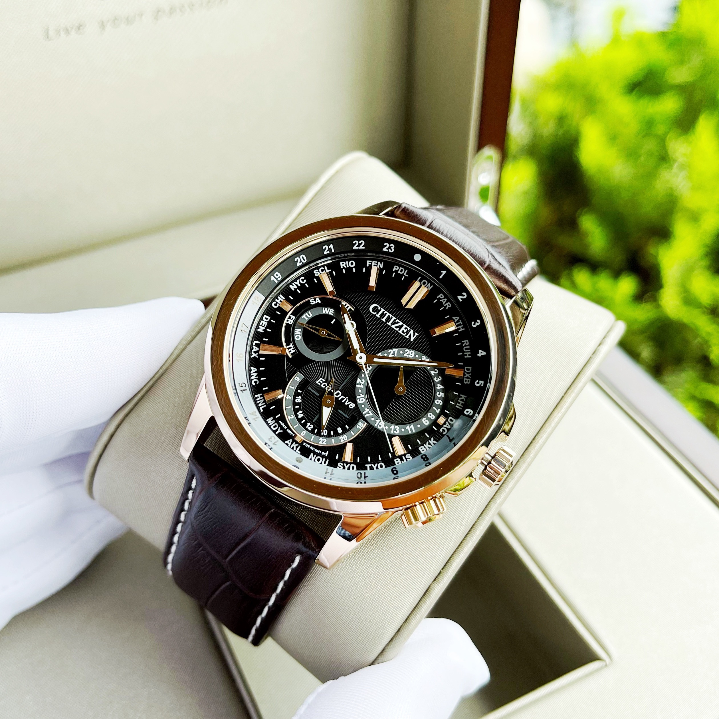 Đồng hồ Nam chính hãng Citizen Eco Drive BU2023-04E Size 44,Mặt đen,Lịch-Năng lượng ánh sáng-Dây da nâu cao cấp