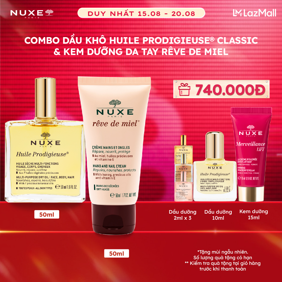 Combo Dầu khô đa năng Nuxe Huile Prodigieuse 50ml  Kem dưỡng da tay và móng Nuxe Reve De Miel 50ml