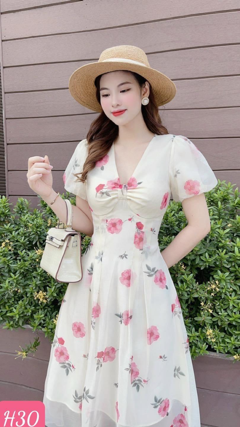 Đầm voan in hoa nhẹ nhàng thanh lịch 53-75kg