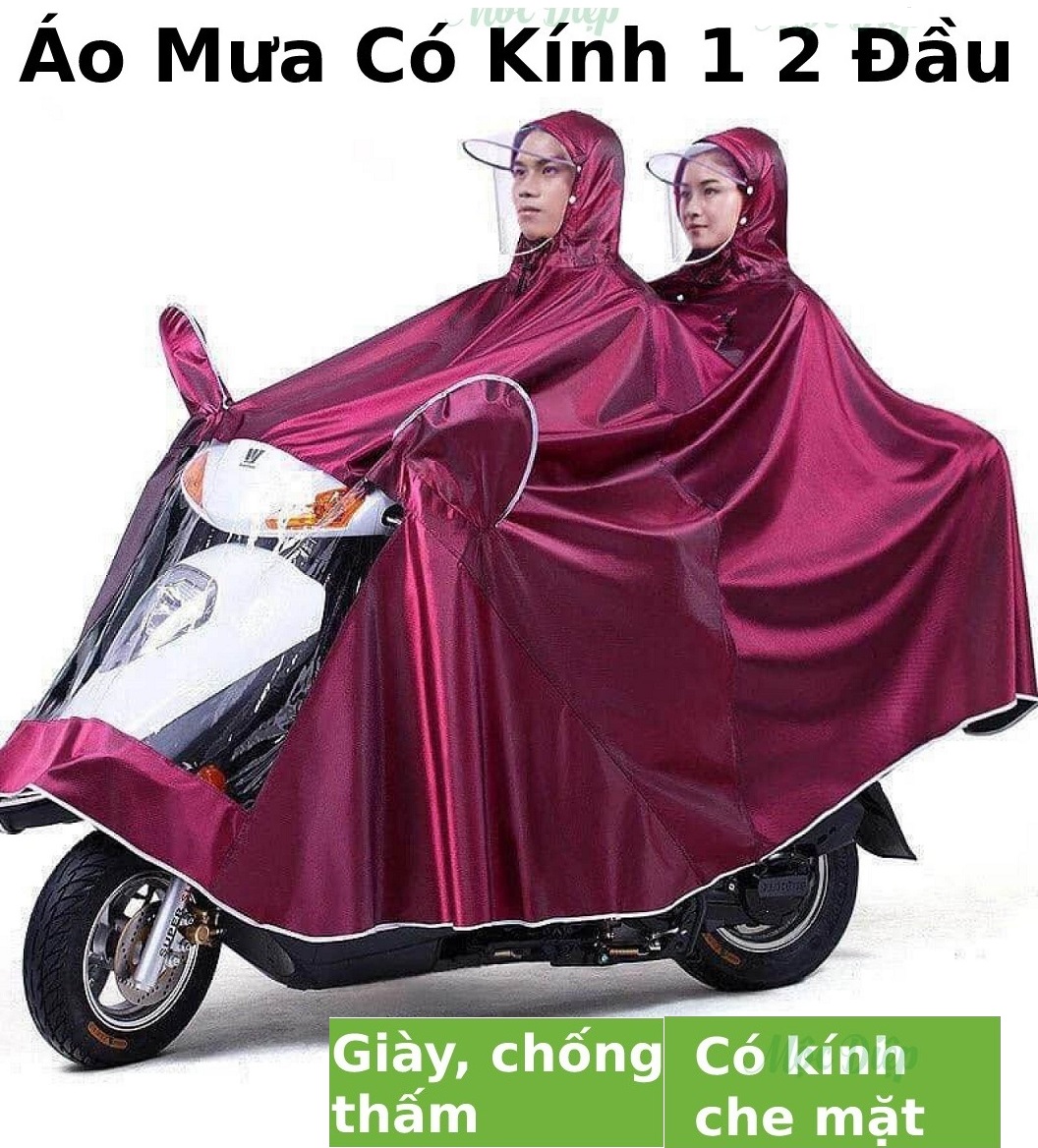 Áo mưa phản quang 2 đầu, Áo mưa cánh dơi vải dù, Áo mưa phản quang 2 đầu có kính che mặt, Áo mưa phản quang 2 đầu có kính che mặt - áo mưa đôi loại dày vải loại 1 - áo mưa vải dù chùm gương xe máy