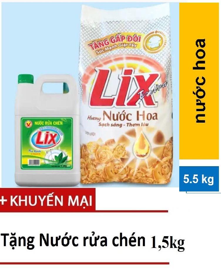 Bột giặt Lix Extra hương Nước Hoa 5.5kg Tặng Nước rửa chén 1,5kg