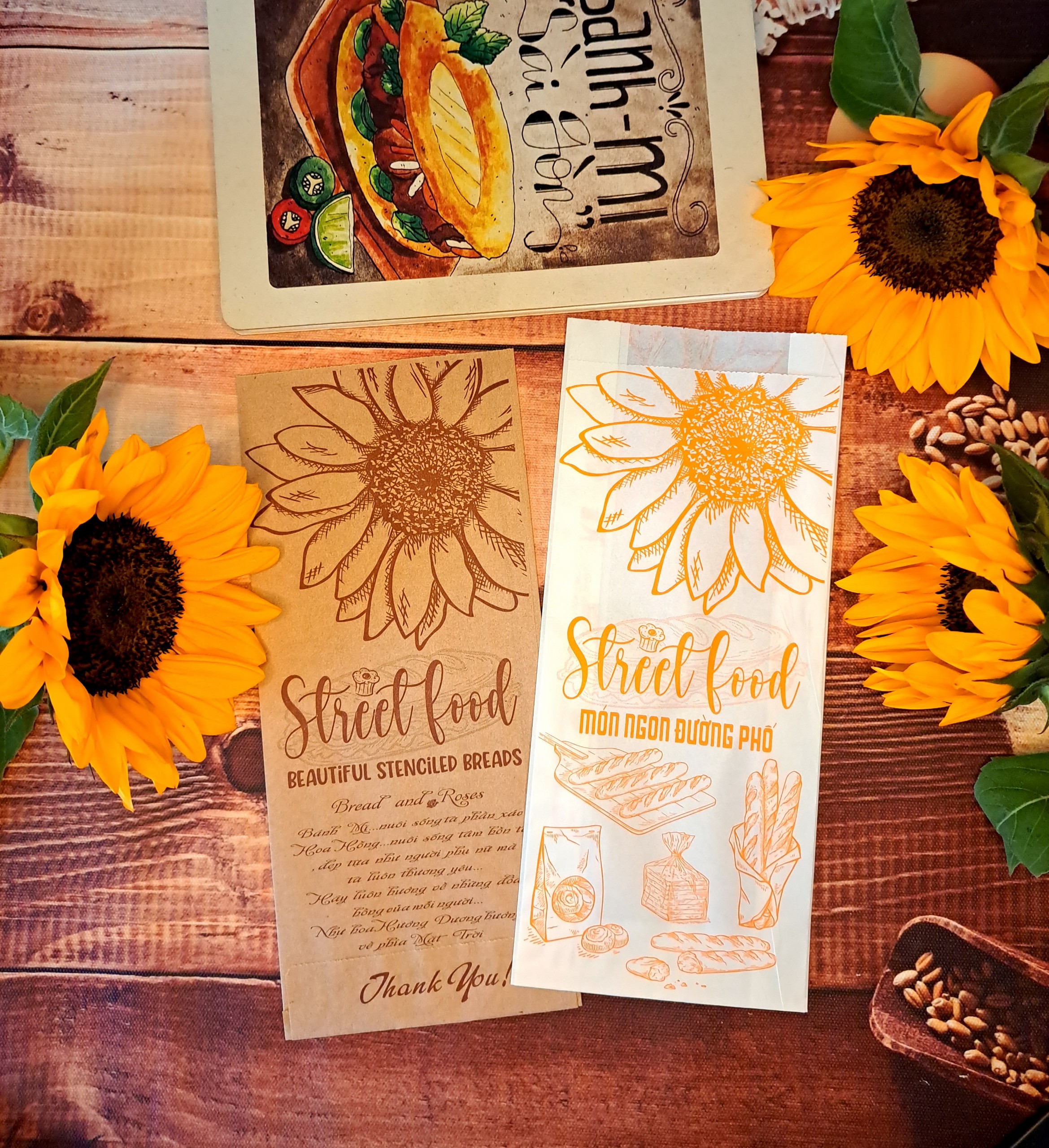 100 Túi Giấy Mẫu Hoa Hướng Dương ĐỰNG BÁNH MÌ TRUYỀN THỐNG & Các Loại Bánh. NHẬN IN THƯƠNG HIỆU RIÊNG CHỈ TỪ 500 TÚI.