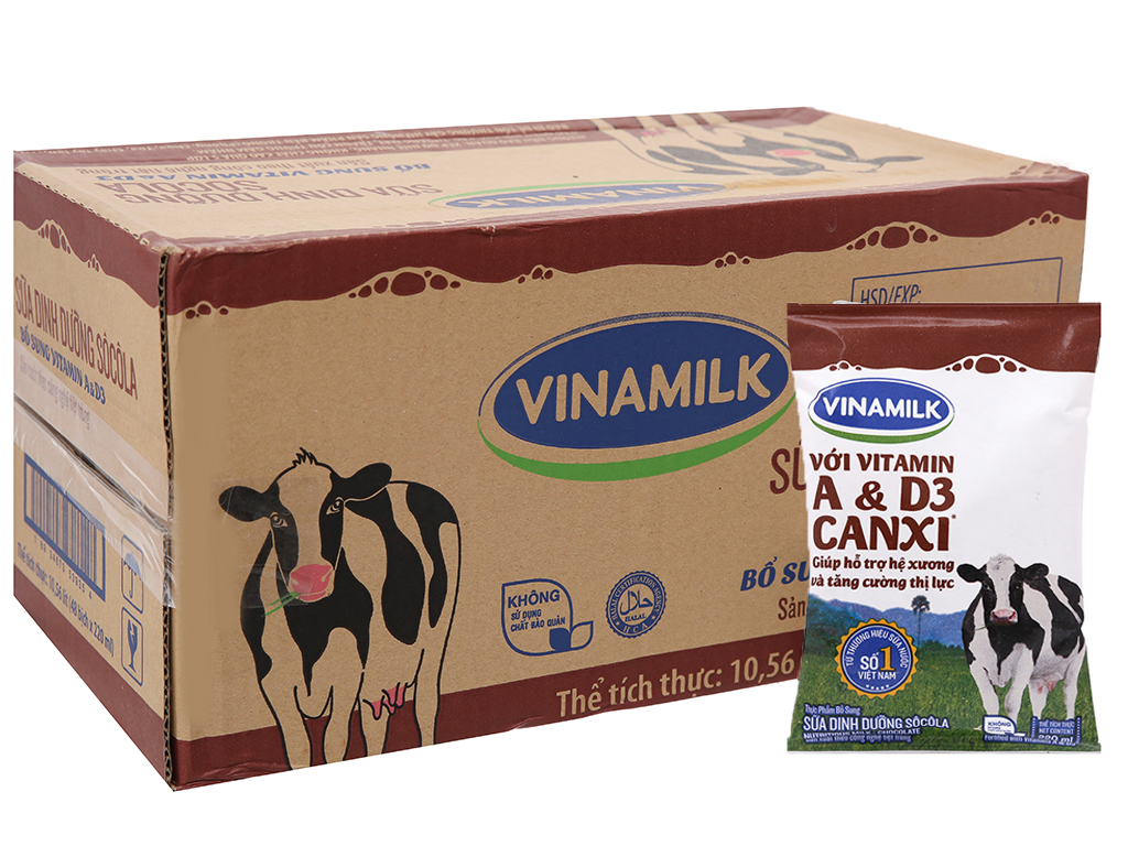 Thùng 48 bịch sữa dinh dưỡng socola Vinamilk A&D3 220ml