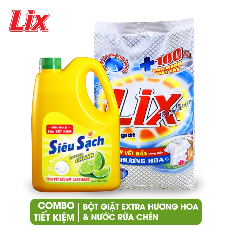 COMBO số 8 gồm Bột giặt LIX extra hương hoa 2.4kg EB247 + Nước rửa chén LIX siêu sạch hương chanh 1.4kg NS140