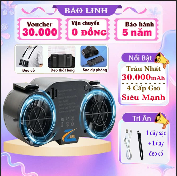 Quạt Đeo Thắt Lưng Z11 chính hãng, Quạt đeo cổ cầm tay để bàn mini Motor 2 Phản Lực 4 Cấp Độ Gió Mát Pin Chuẩn Lithium 30.000mAh, Quạt áo điều hòa cao cấp kiêm sạc dự phòng,