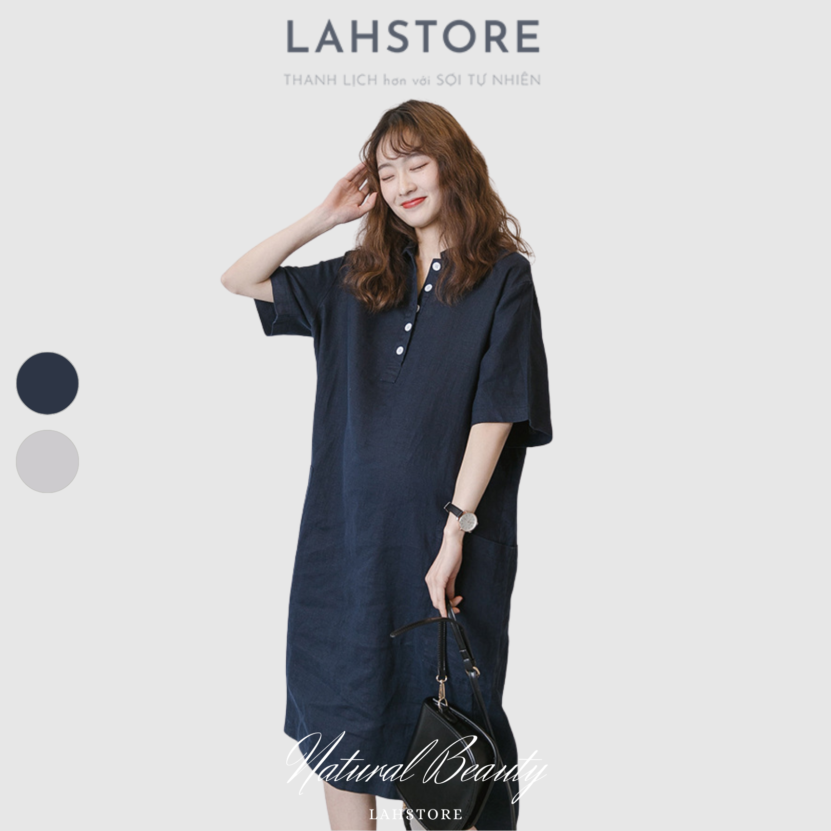 Đầm suông cổ sơ mi form rộng vải linen 2 túi ốp sườn dành cho nữ (Xanh Than)