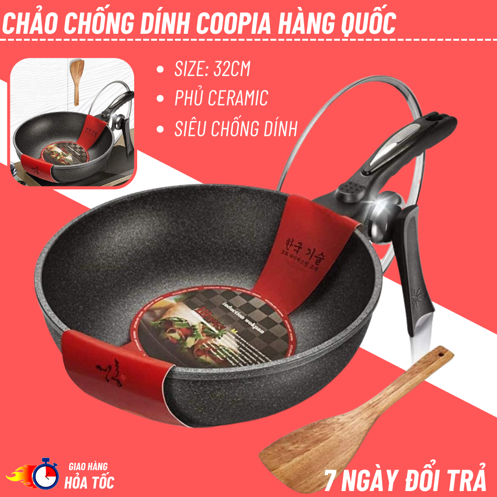 Chảo chống dính vân đá sâu lòng coopia hàn quốc 32cm dùng cho mọi loại bếp - tặng kèm thìa gỗ, vung kính