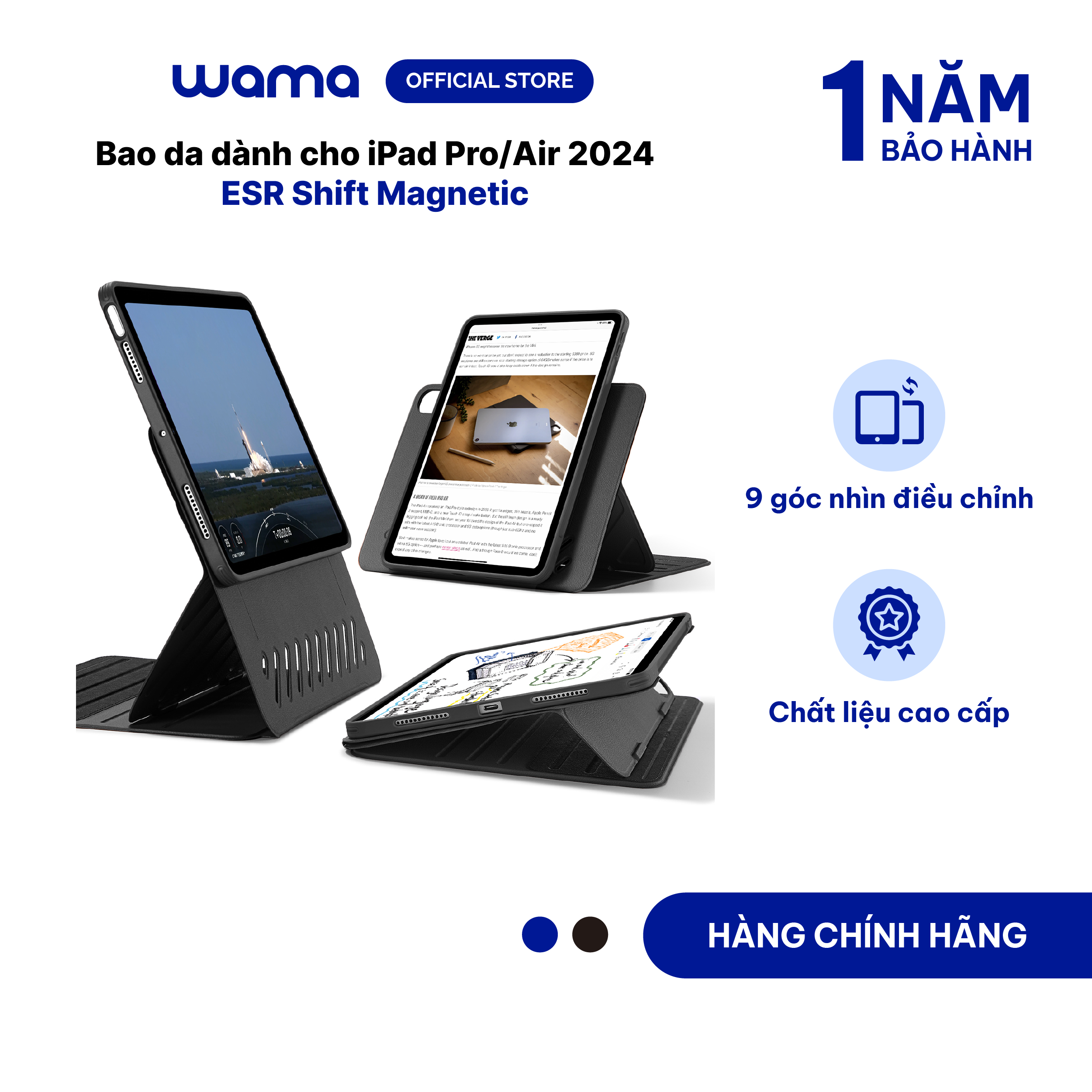 Bao da ESR Shift Magnetic dành cho iPad Pro M4/Air 6 2024 cải thiện tầm nhìn, 9 góc nhìn tùy chỉnh, Bảo hành 1 năm