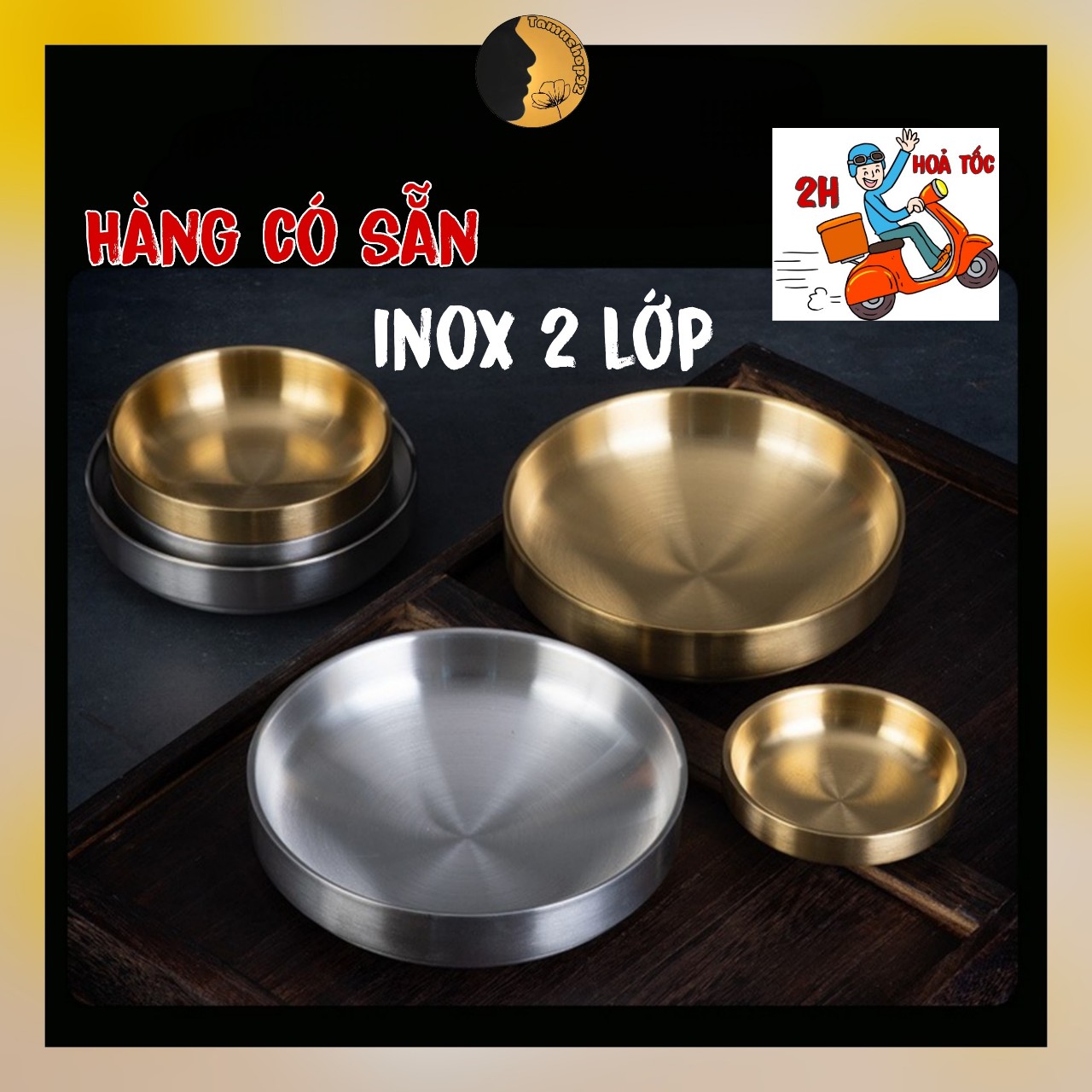Đĩa inox 2 lớp tamushop92 khay dĩa inox 304 cách nhiệt 2 lớp bát inox đáy thấp mạ màu vàng bạc di011