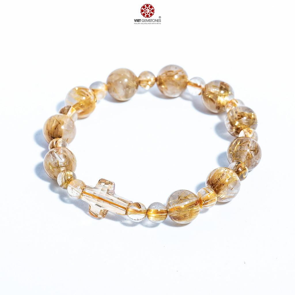 Vòng chuỗi Mân Côi Thạch anh tóc vàng 10mm phối thánh giá pha lê - Mệnh Thổ mệnh Kim | Vietgemstones