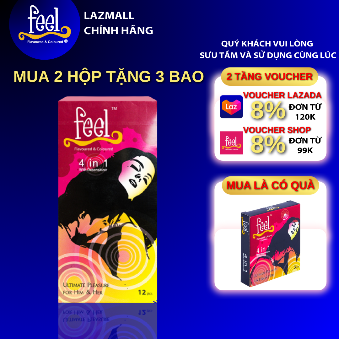 Bao cao su Feel 4 in 1 kéo dài thời gian, có Gai và Gân, hộp 12 bao.