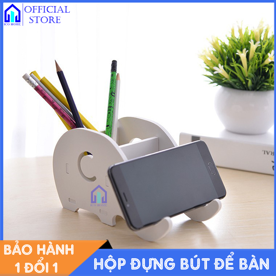 Hộp đựng bút có khay để điện thoại cao cấp bằng gỗ hình con voi để bàn văn phòng làm việc bàn học sinh  - Ico Home