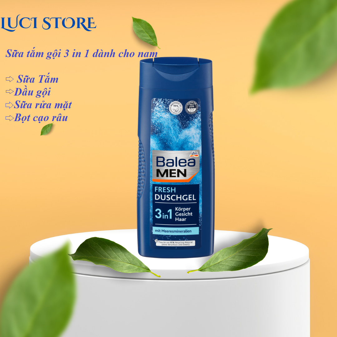 Sữa tắm gội nam Balea Men 3 in 1 sữa tắm, dầu gội, sữa rửa mặt cho nam, hương thơm chuẩn men mát lạnh, 300ml,Hàng nội địa Đức