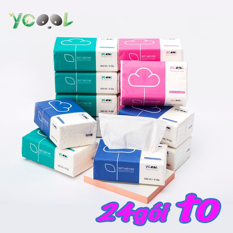 Giấy ăn lụa YCOOL khăn giấy rút đa năng trắng tự nhiên 300 tờ/ 4 lớp 24 gói