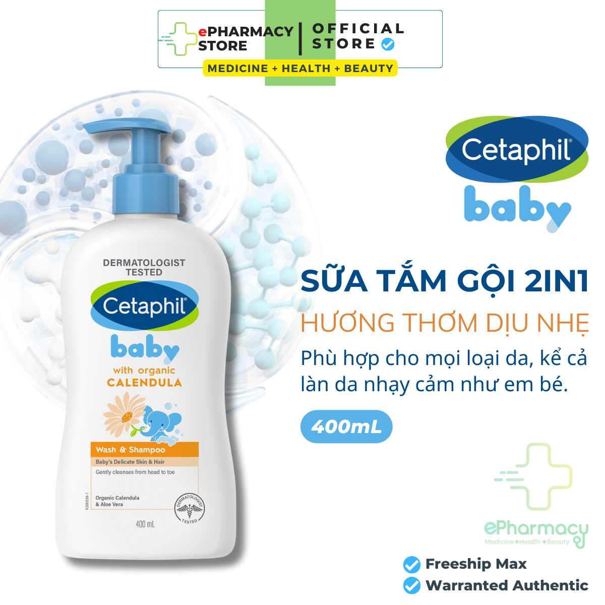 Cetaphil tắm gội hữu cơ Organic - Cetaphil Baby Wash & Shampoo with Organic Calendula 400ml dùng được cho trẻ Sơ sinh